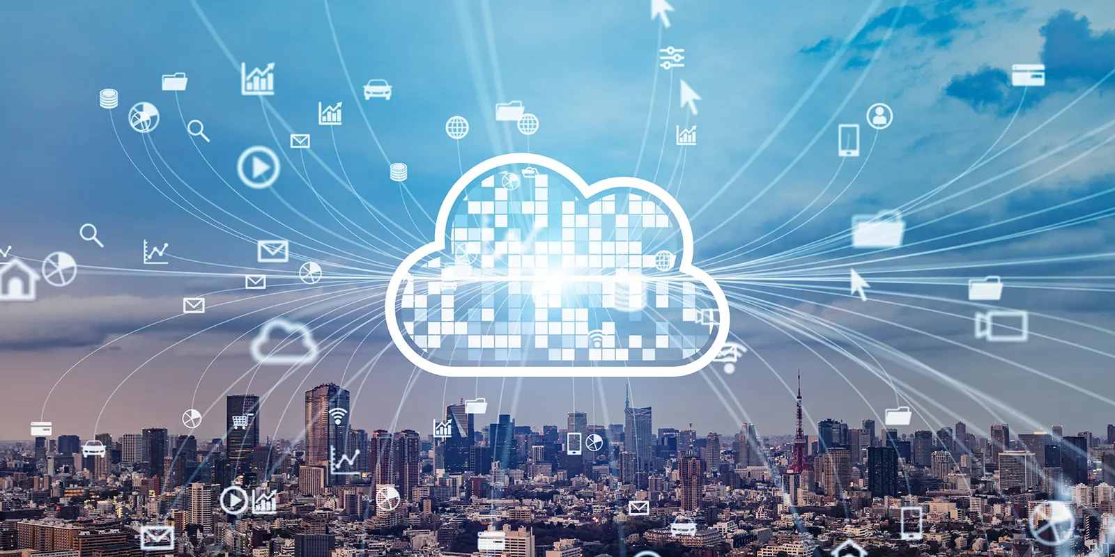 cloud migration process blog image of a glowing cloud above a city taking in data from the surrounding areas
