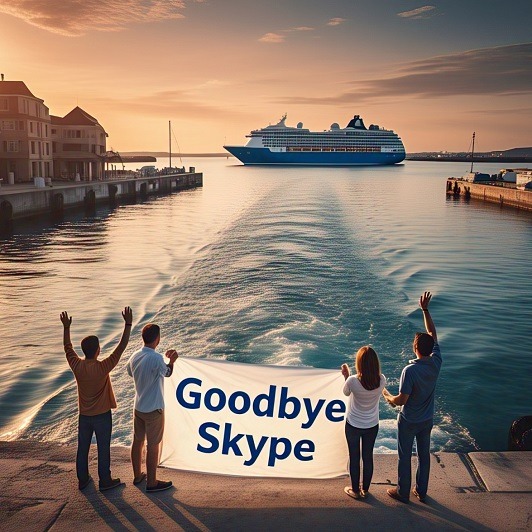 People holding a banner which says goodbye skype whilst a ship sails off into the distance