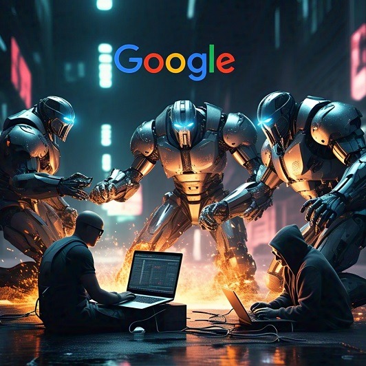 Smart google tools blog post with three google robots guarding a human on a laptop