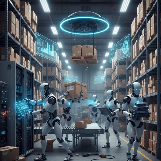 robots sorting through packages in a warehouse