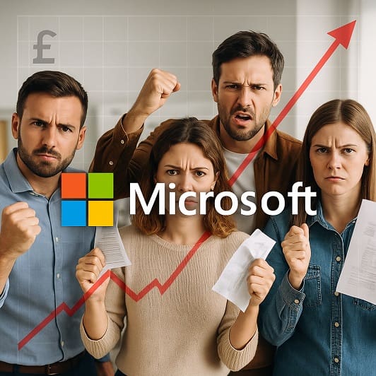 AI generated image of 4 angry people behind a Microsoft logo
