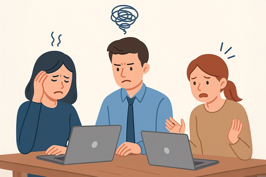 three cartoon people sat at computers frustrated by sharepoint issues