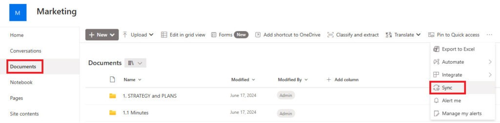 screenshot on how to sync sharepoint to onedrive