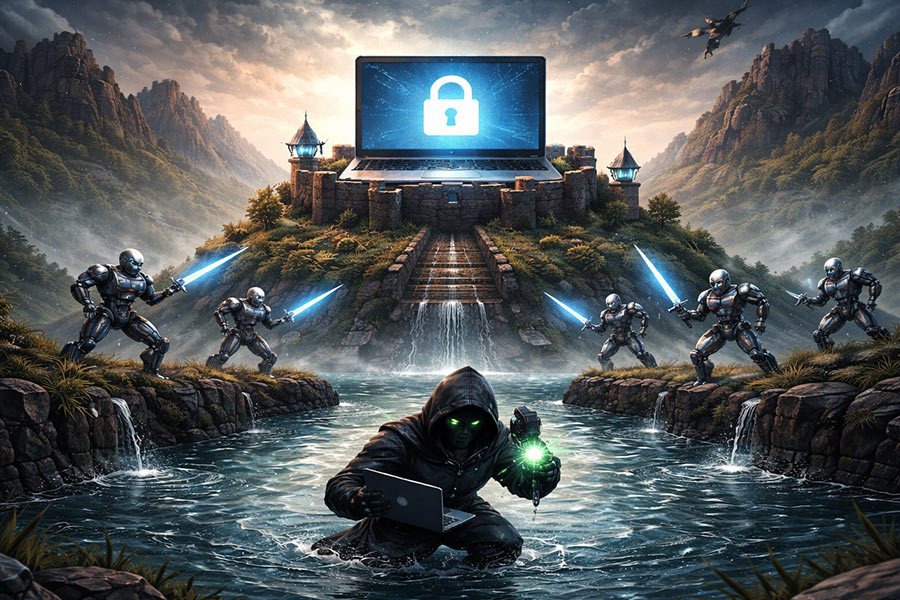 castle and moat demonstration of zero trust security with robots defending a computer