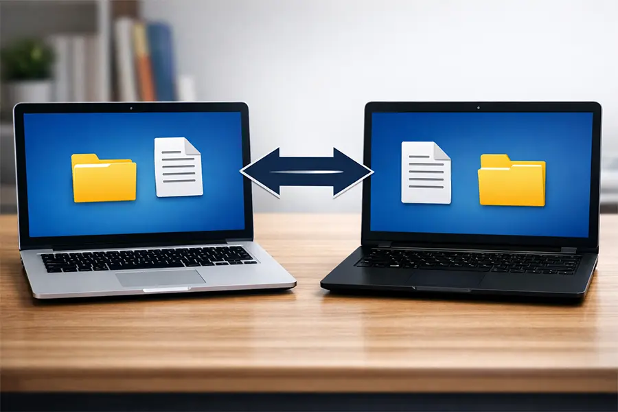 AI Generated image of two computers next to eachother on a table with an arrow between them symbolising secure file sharing