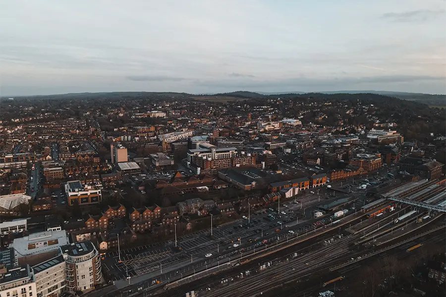 Arial shot of Guildford for managed cloud support in Guildford blog. Photo by Ollie Craig: https://www.pexels.com/photo/an-aerial-shot-of-a-city-6398506/